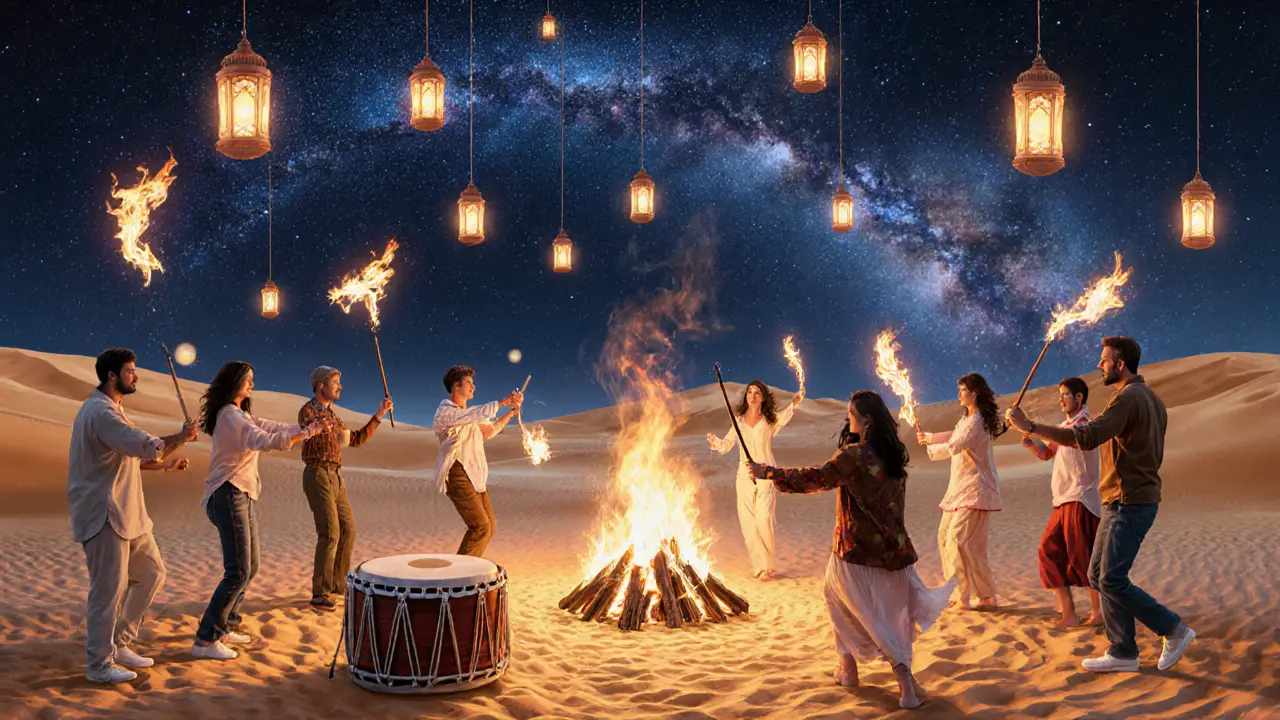 A desert party under the stars with fire dancers, bonfires, and lanterns among golden dunes.
