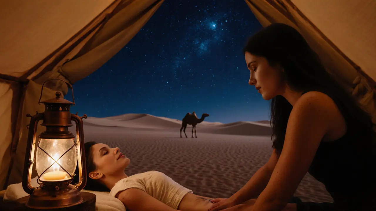 A desert tent massage under the stars with herbal oil and lantern light, surrounded by dunes.