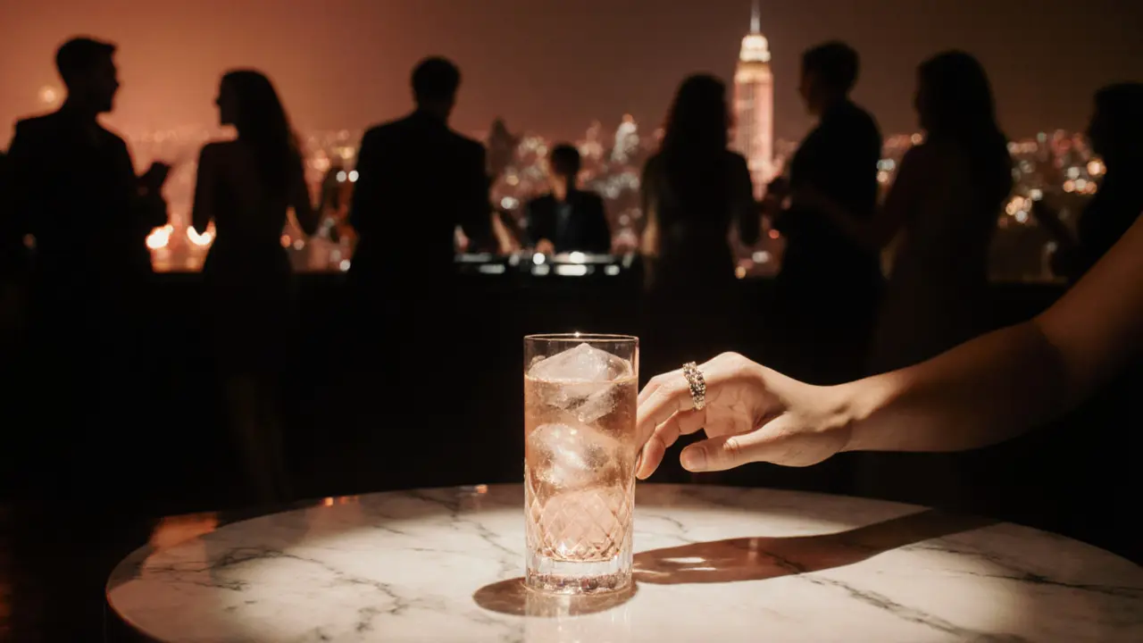 A hand places a cocktail on a marble table in a dim rooftop lounge with soft glowing lights.