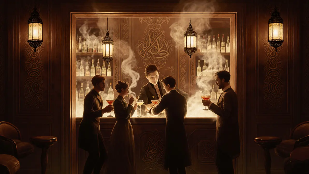 A hidden speakeasy interior with lanterns, vintage patrons, and Arabic decor behind a refrigerator door.