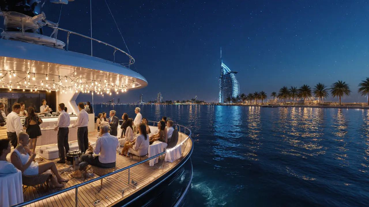 A luxury yacht party on Dubai Marina under stars with city lights reflecting on water.