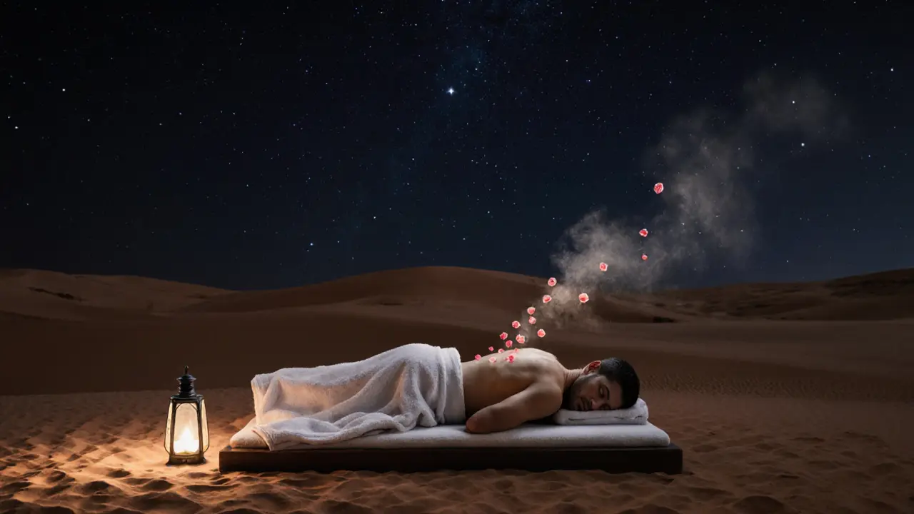 A peaceful desert massage under a starry sky, with sand, a glowing lantern, and rosewater mist surrounding a resting figure.