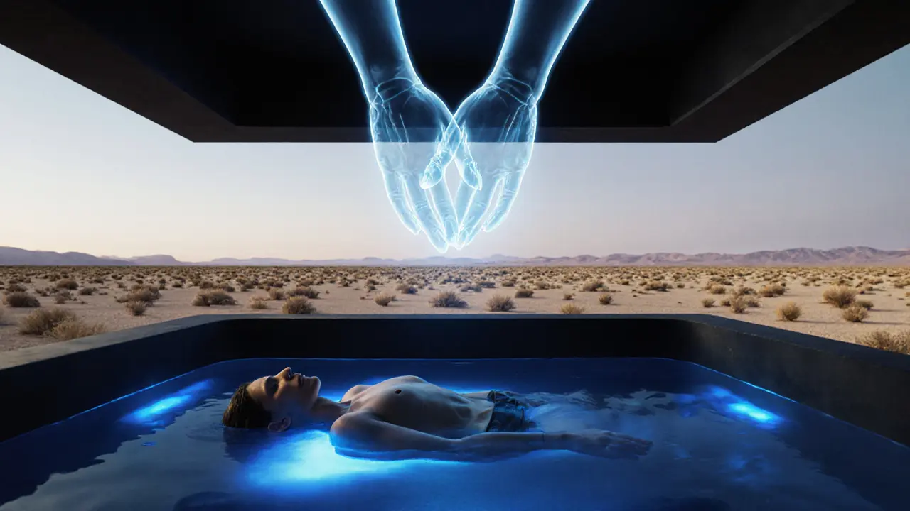 A person floating in a glowing saltwater tank, with ethereal hands hovering above, symbolizing a future massage.