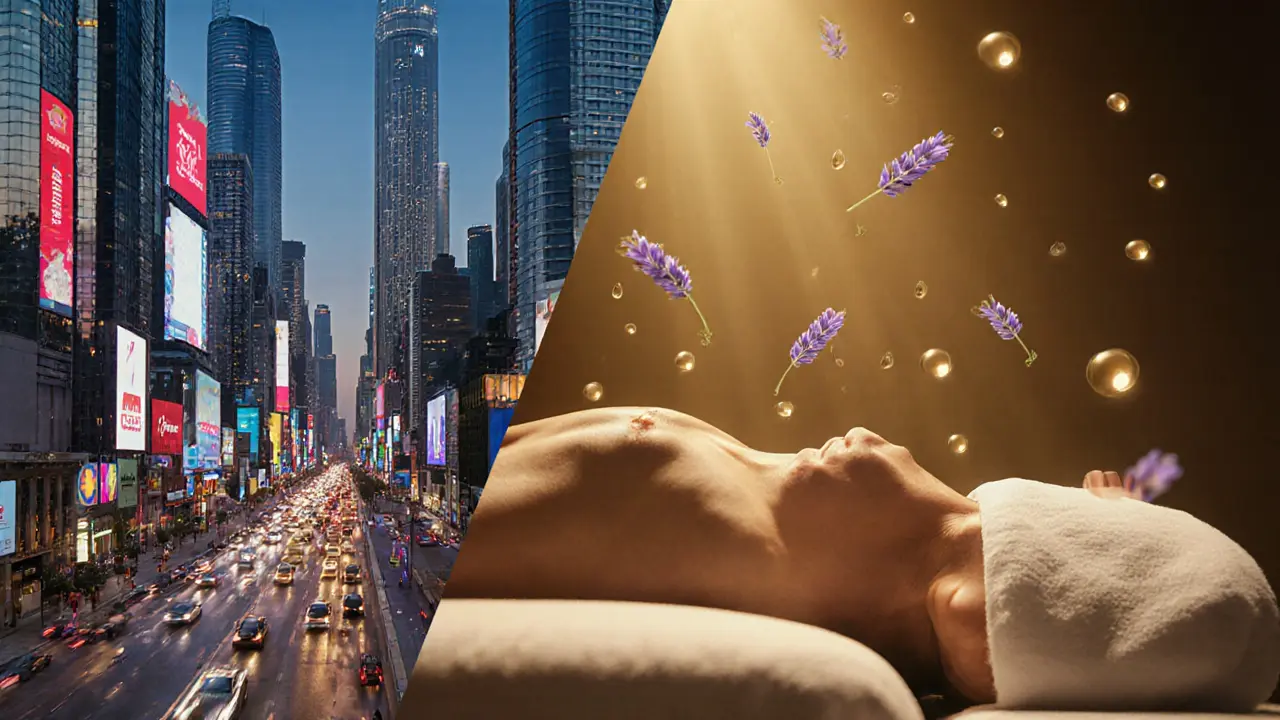 A person floating in calm above Dubai's busy city, symbolizing the restorative peace found in a professional massage.