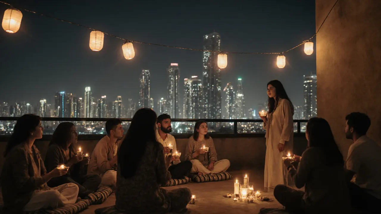 A rooftop gathering at night with listeners enjoying poetry under lanterns and a glowing city skyline.
