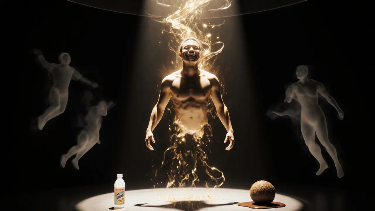 A solitary figure glows with golden light while drifting in a silent, surreal zero-gravity chamber.