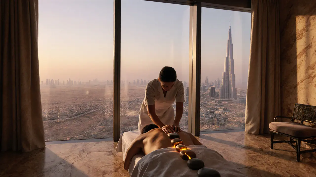 A spa session on the 120th floor of Burj Khalifa with desert views and warm stones along the back.