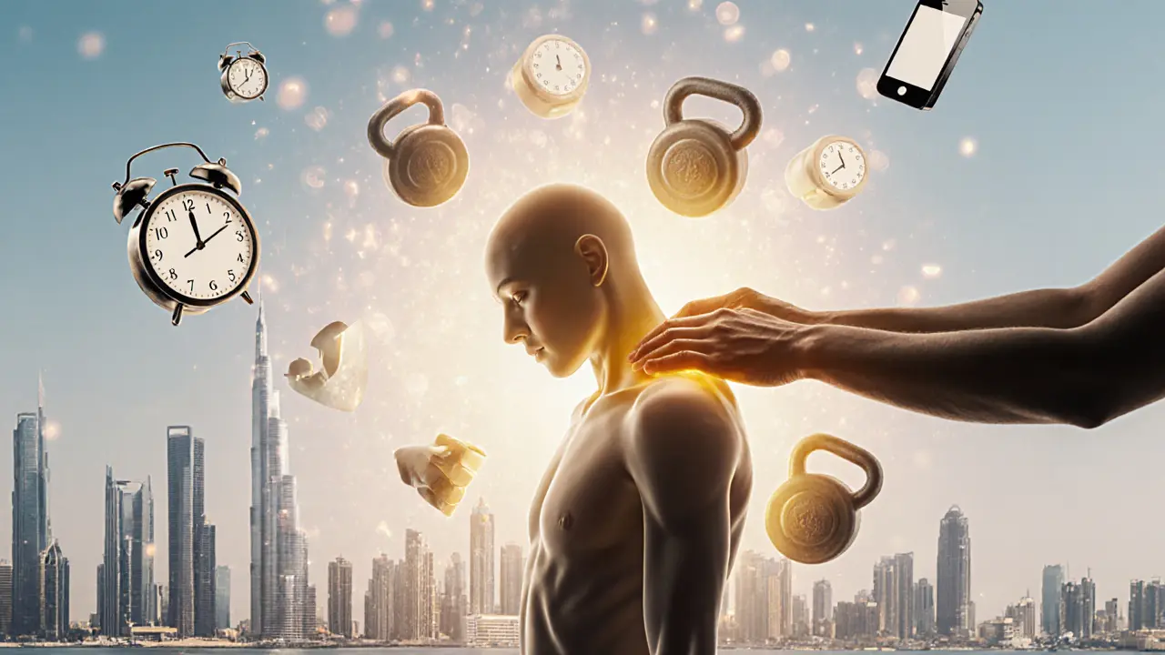 A stressed human figure dissolving into calm as golden light from massage hands erases floating symbols of urban tension.