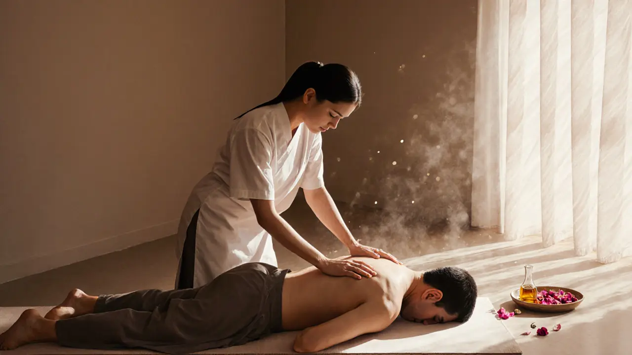 A Thai massage session in a quiet studio, therapist guiding stretches on a clothed client with warm oil and rose petals nearby.