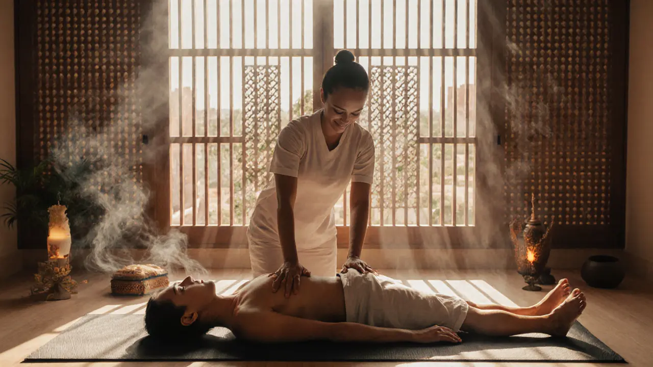 A Thai massage therapist guiding a client through a stretch on a floor mat, surrounded by herbal compresses and soft sunlight.