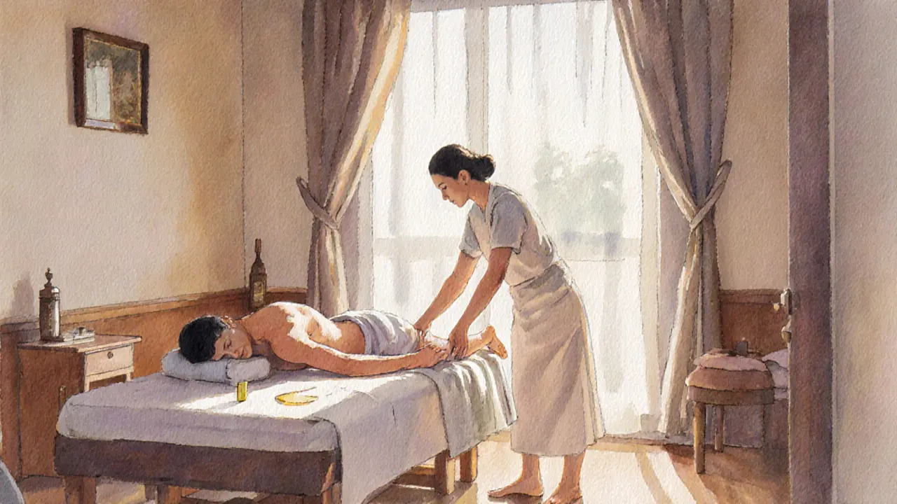 A therapist&#039;s foot gently moves along a client&#039;s calf during a body-to-body massage, with oil glistening and towels draping softly.