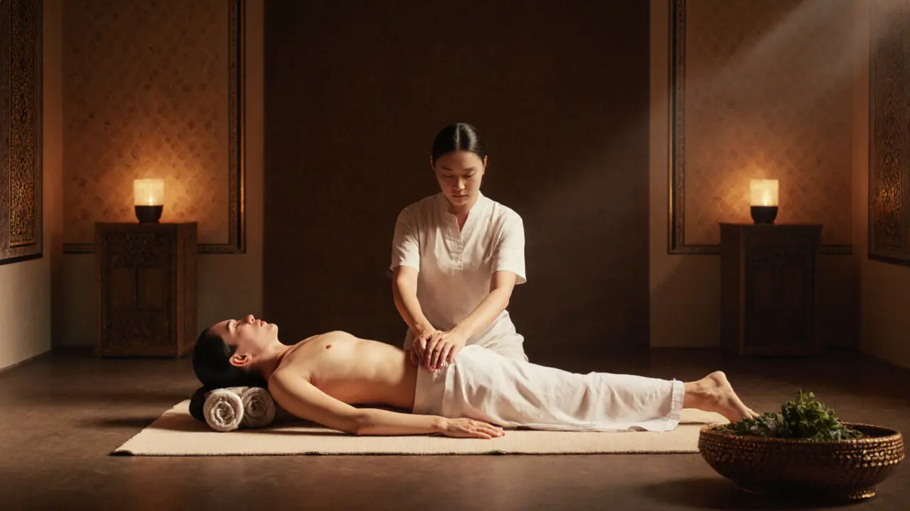 A therapist performing a Thai massage on a client, blending deep stretches with serene ambient lighting and cultural details.