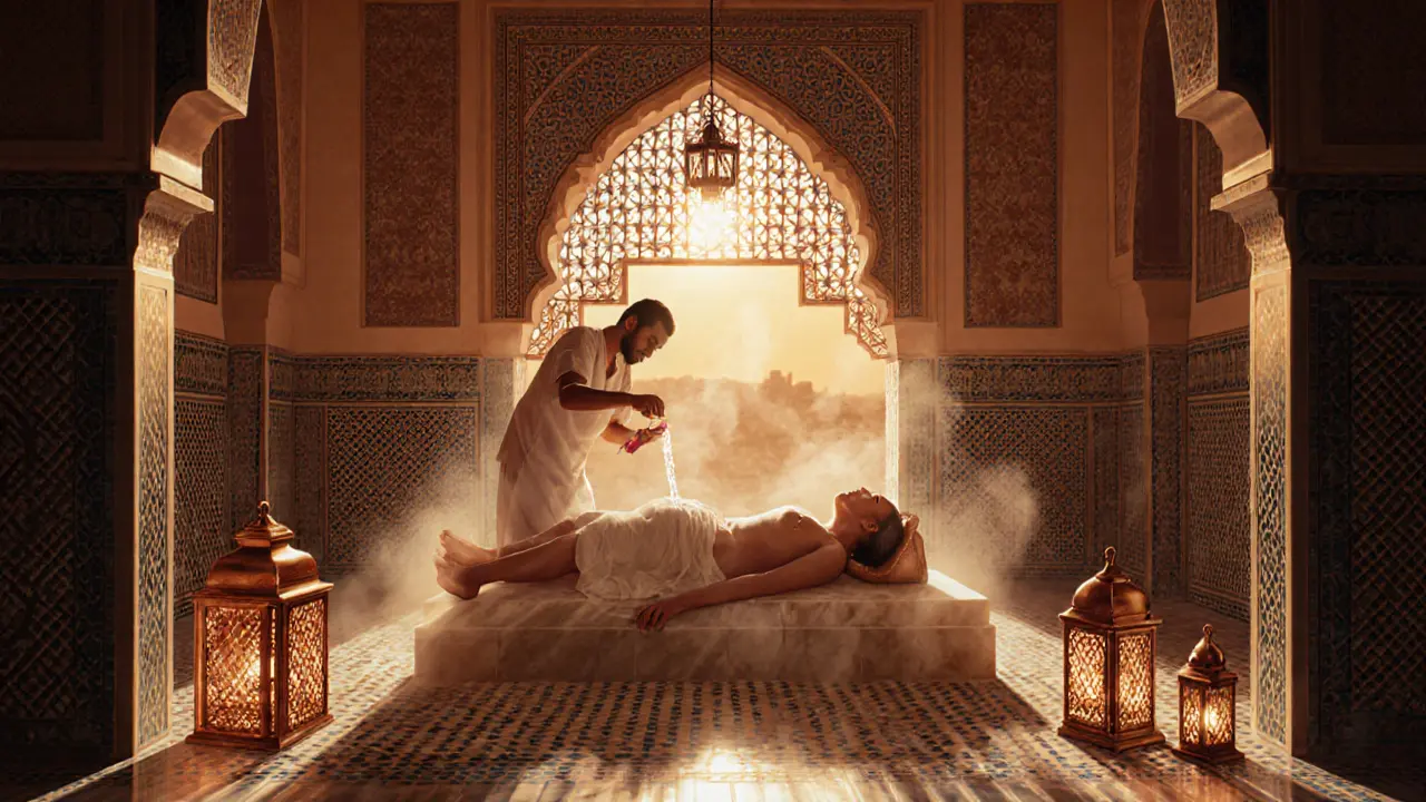 A traditional Arabian hammam ritual with steam, rosewater, and mosaic tiles in a serene Middle Eastern spa setting.