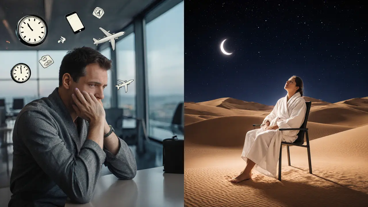 A traveler transformed from stressed to serene, shown in split image with desert spa tranquility replacing airport fatigue.