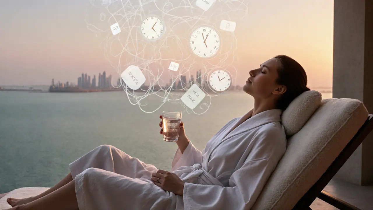 A woman at peace after a massage, with stress symbols fading away in a luxurious spa setting.
