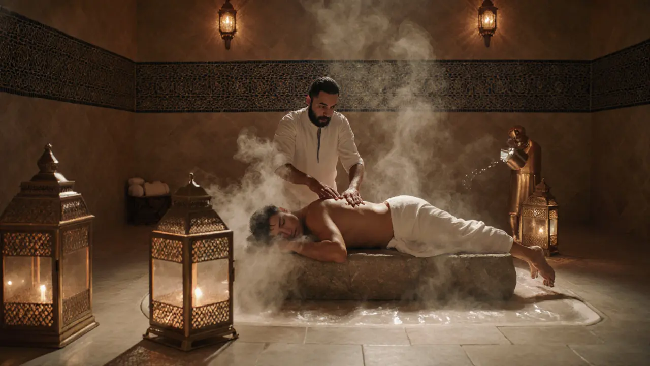 An Arabic Hammam experience with steam, marble, and oil massage in a luxurious setting.