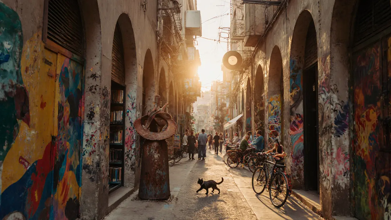 An art-filled alley with murals, people exploring galleries, and an artist inviting others to touch sculptures.