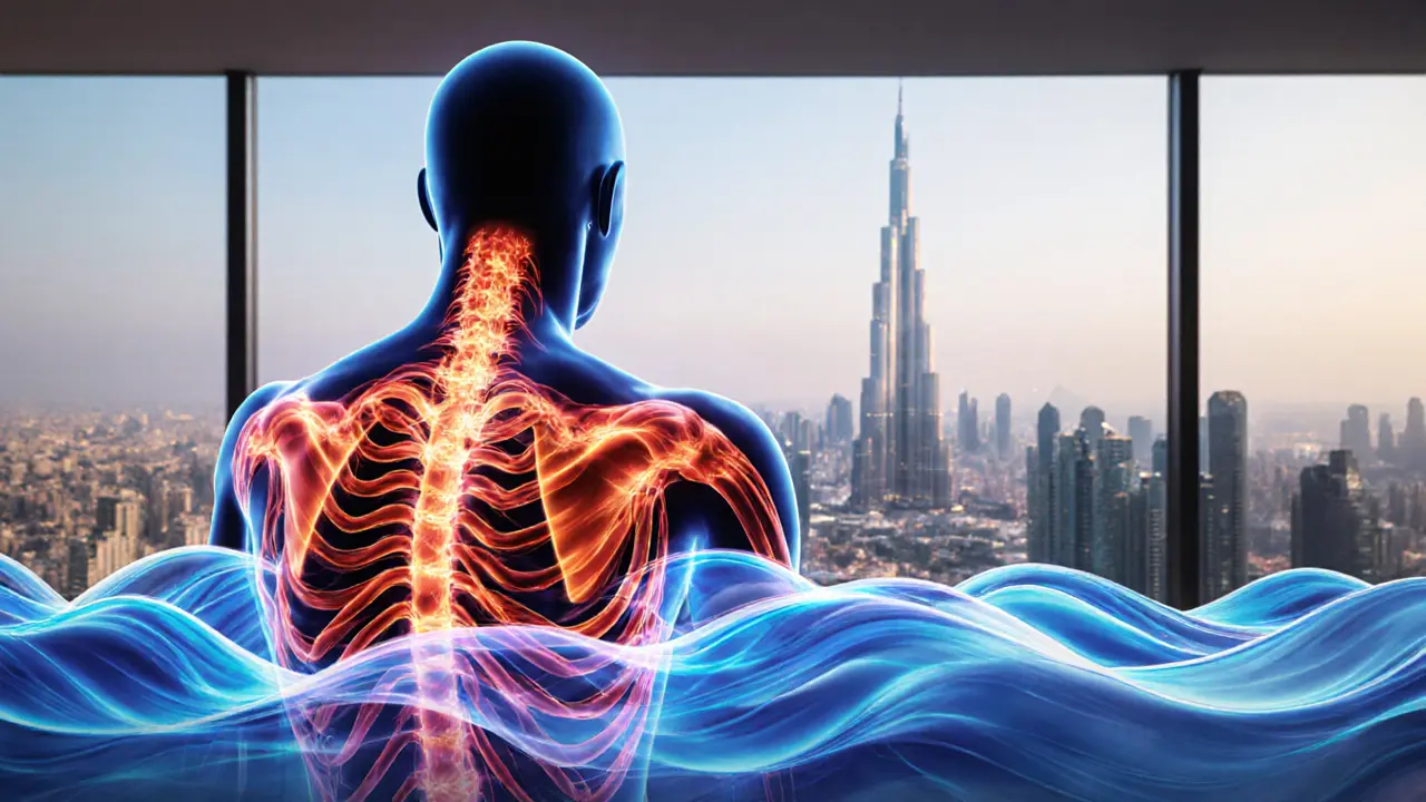 An artistic depiction of tension releasing from the body as glowing energy flows during a massage.
