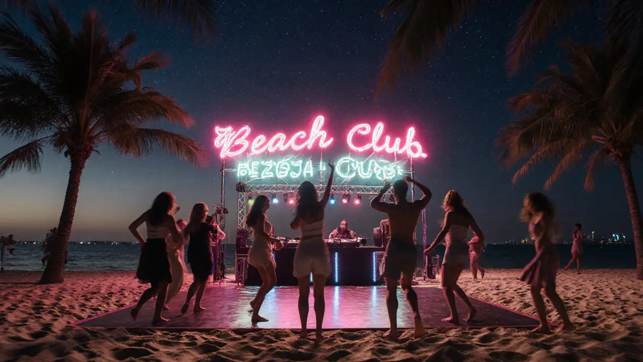 Beach club at midnight in Dubai with dancers on sand under neon lights, ocean waves reflecting colorful glows under a starry sky.