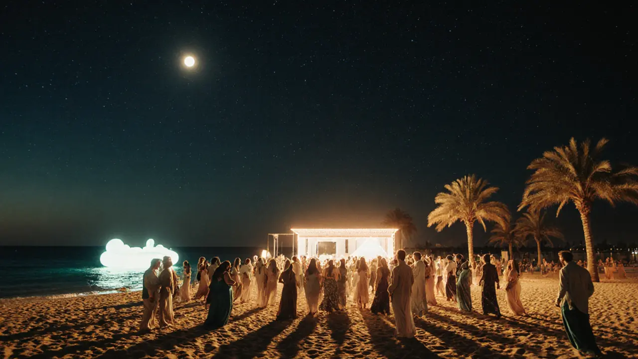 Beach club at night with glowing floats in the ocean under starry sky