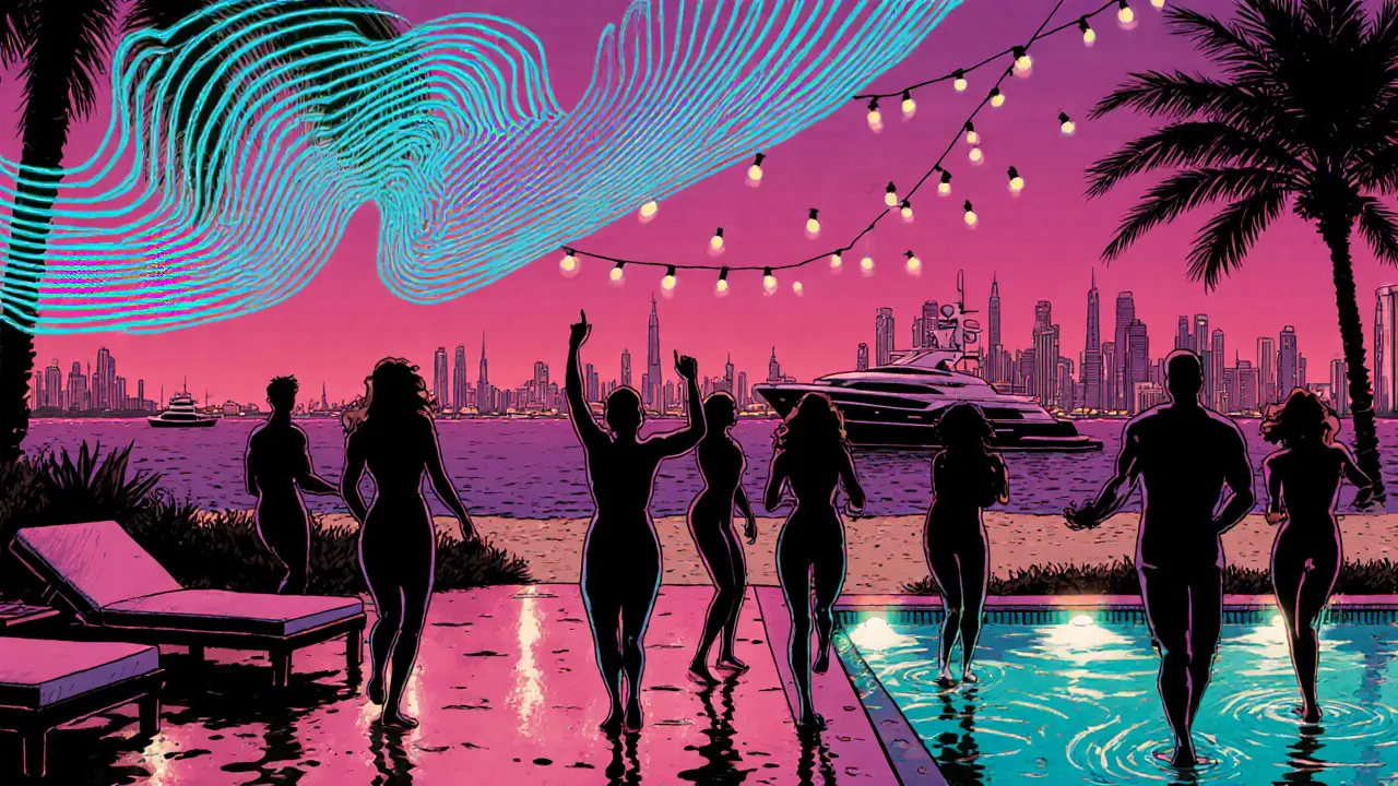 Beach club party at dawn with dancers on sand, string lights, and Dubai skyline in background.