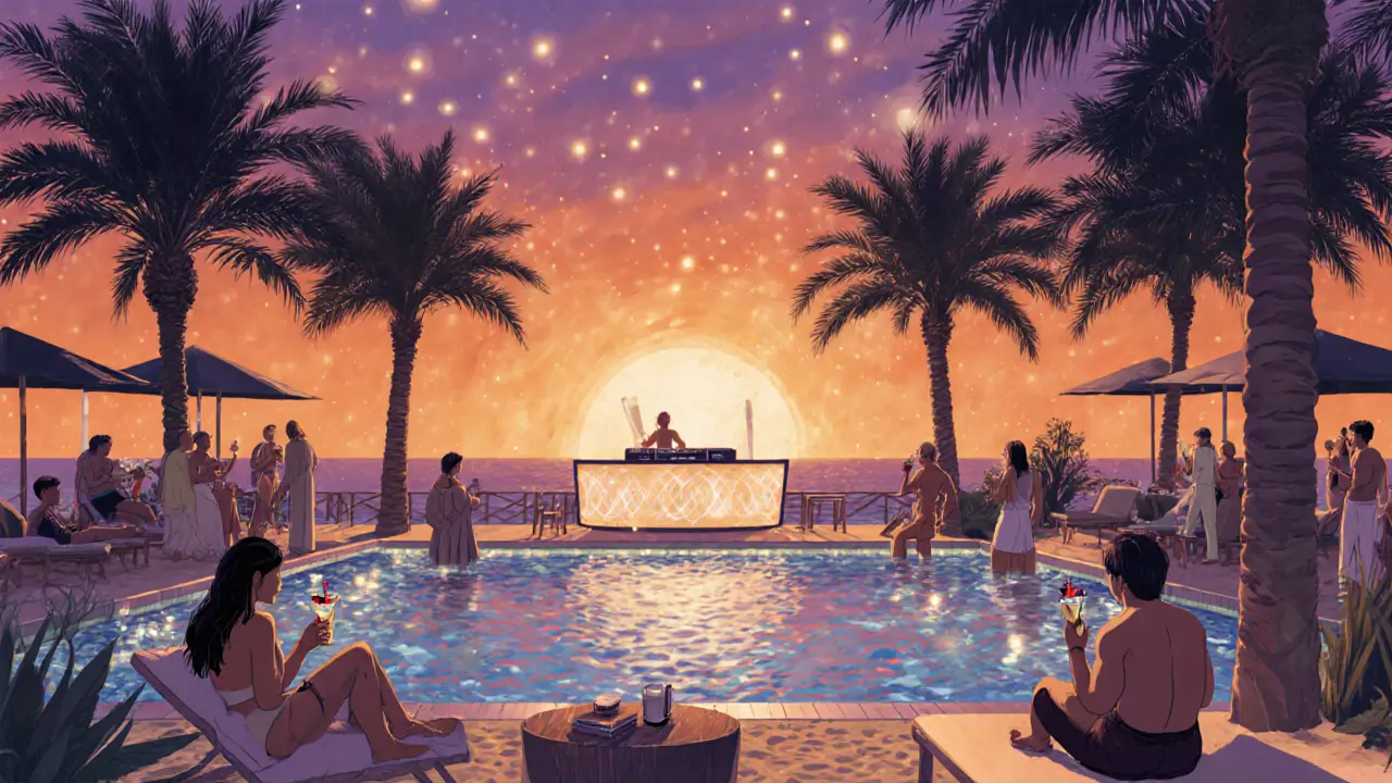 Beach club party at sunset with guests by a pool, palm trees, and glowing cocktails.