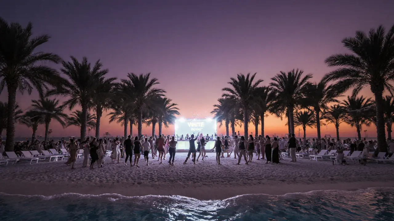 Beach club party at sunset with white sand, palm trees, and neon-lit DJ booth casting light on dancers.