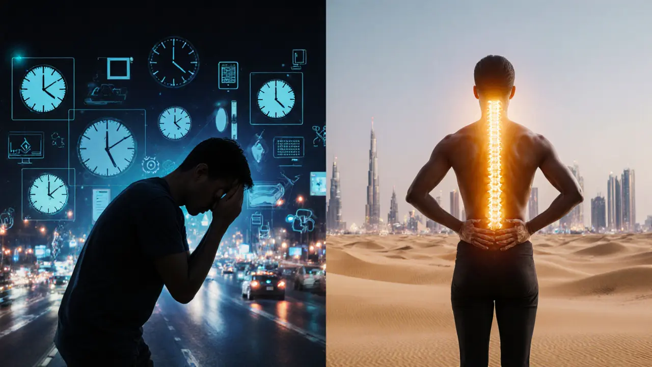 Before-and-after visual: stressed figure transforming into relaxed one, therapist&#039;s hands releasing golden light along spine.