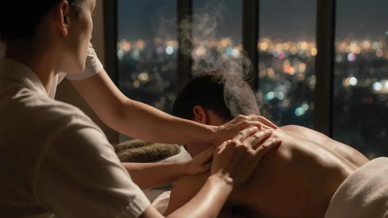 Close-up of a therapist&#039;s forearm pressing into tense shoulder muscle, warm oil shimmering, steam rising from herbal compress nearby.