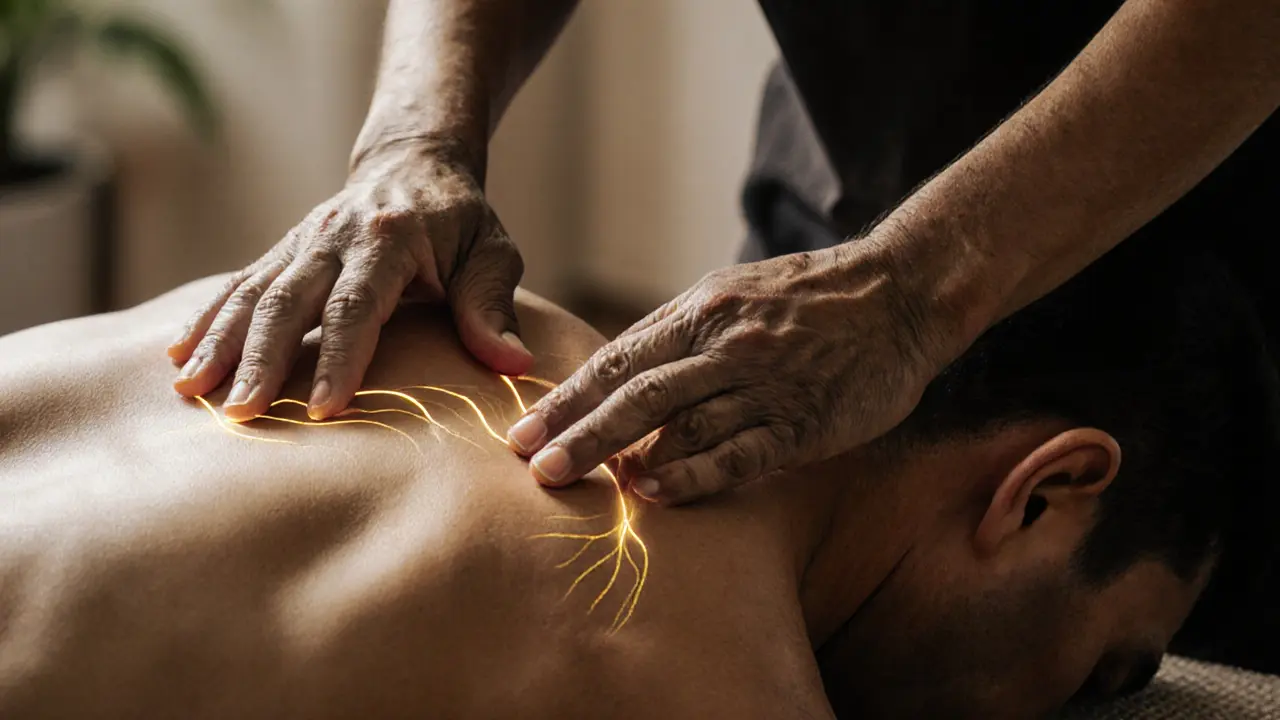 Close-up of skilled hands applying pressure along a client’s spine with subtle golden energy lines glowing faintly during Thai massage.