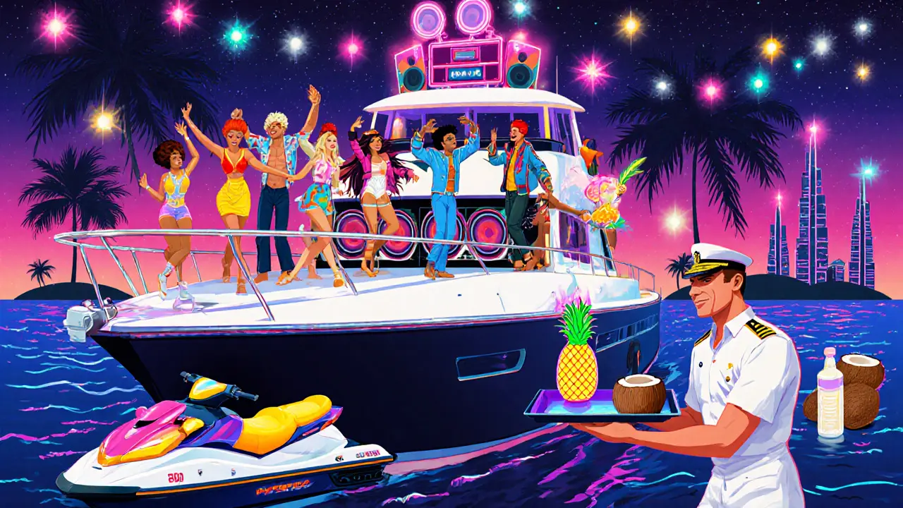 Colorful themed yacht party with neon lights, DJ, and guests dancing near Palm Jumeirah under starry skies.