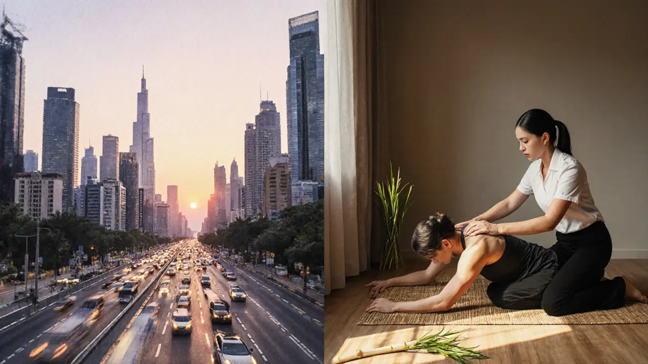 Contrasting view of Dubai’s busy cityscape beside a peaceful Thai massage room with therapist and client in deep stretch.