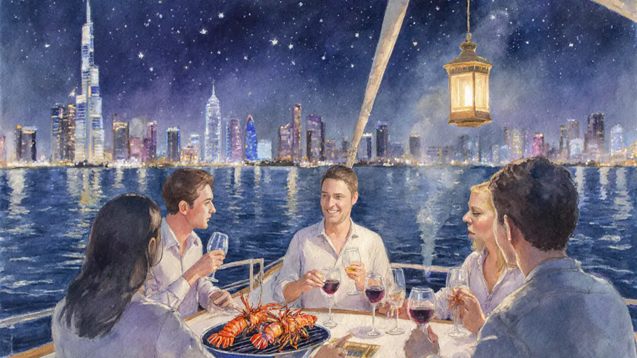 Couples enjoying wine and lobster on a quiet yacht at night, Dubai skyline glowing softly in the distance.