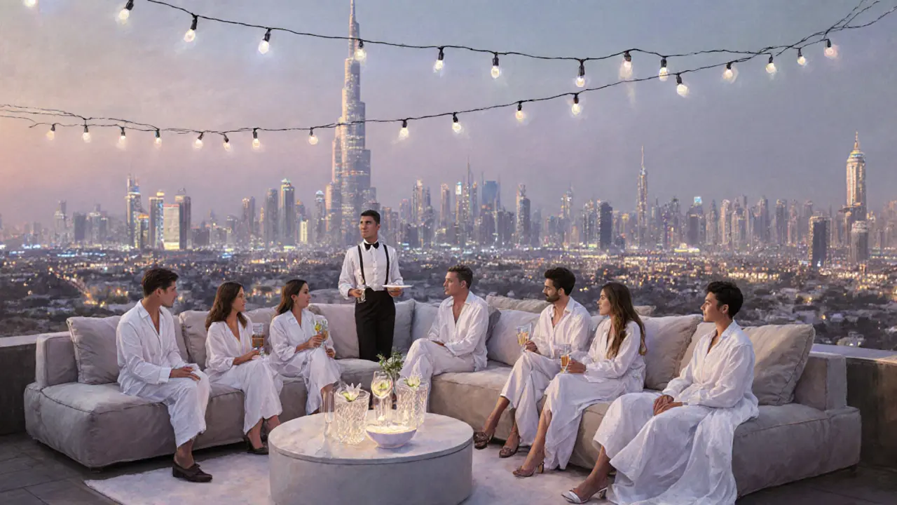 Couples relax on soft white lounges at a rooftop event with Dubai&#039;s skyline in the background, sipping drinks under string lights.
