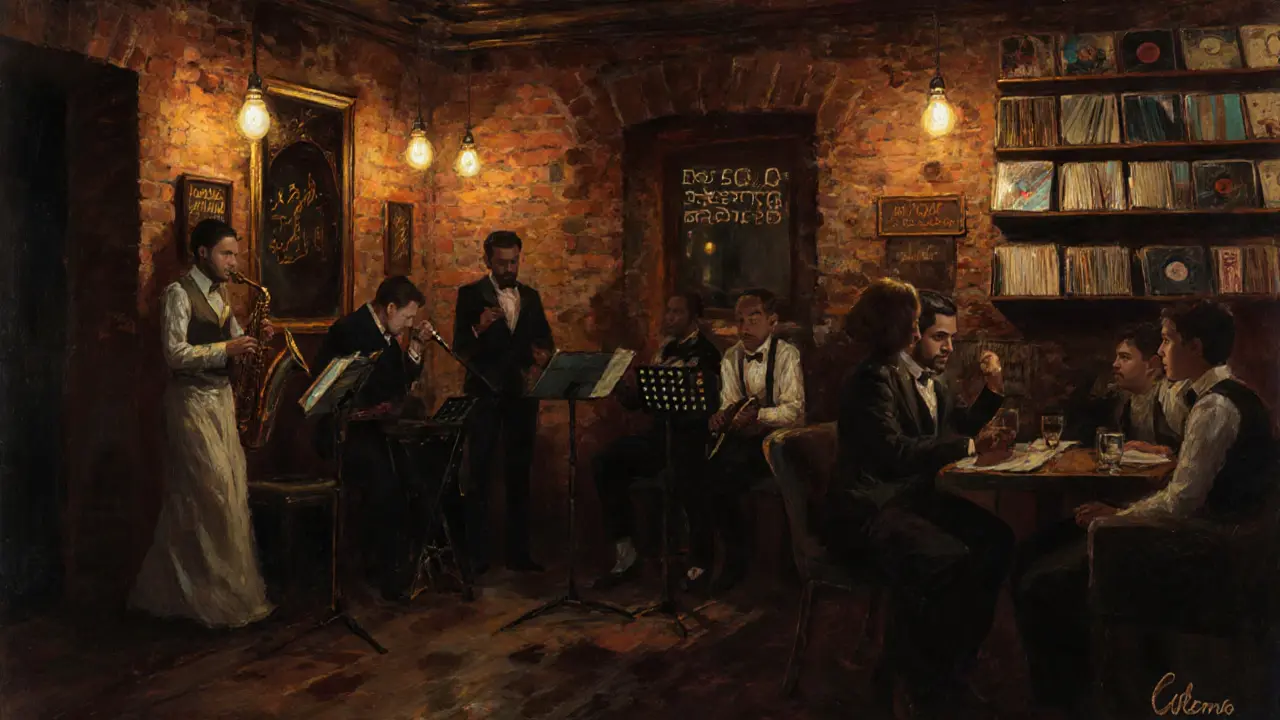 Cozy underground jazz lounge in Alserkal Avenue with warm lighting, patrons listening to live music in the late night.