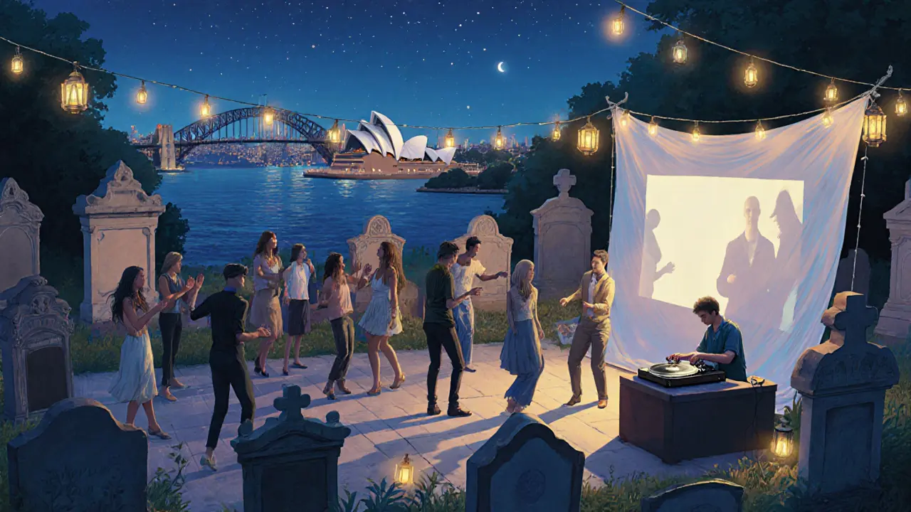 Crowd dancing on cemetery rooftop under stars with Opera House in background.