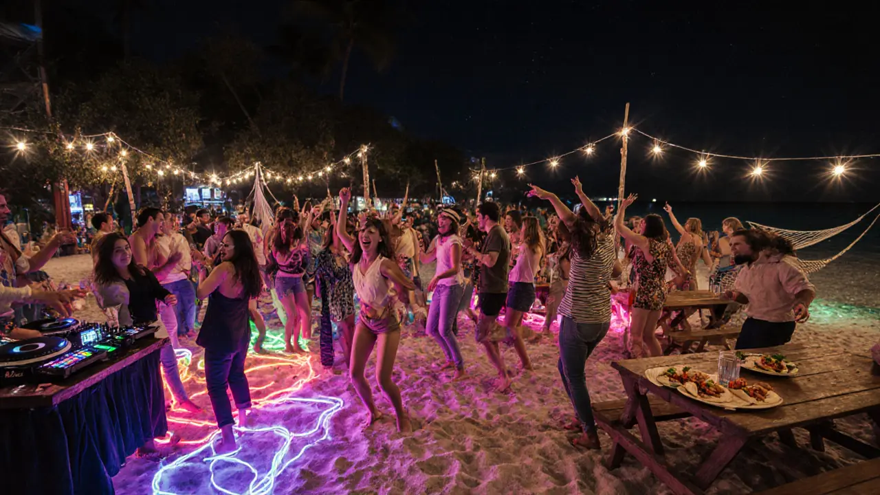 Crowd enjoying live music on a sandy dance floor under colorful pulsing lights.