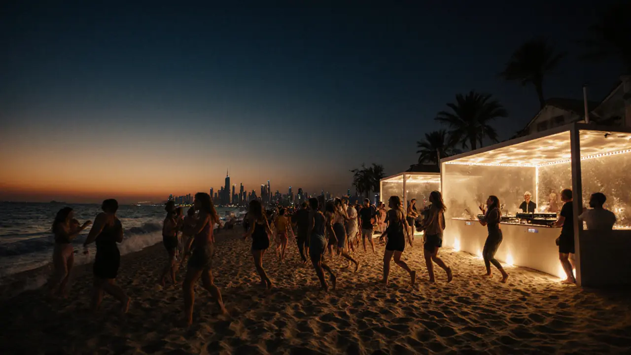 Dancers at a beach club under neon lights as sunset fades into night, waves crashing nearby.