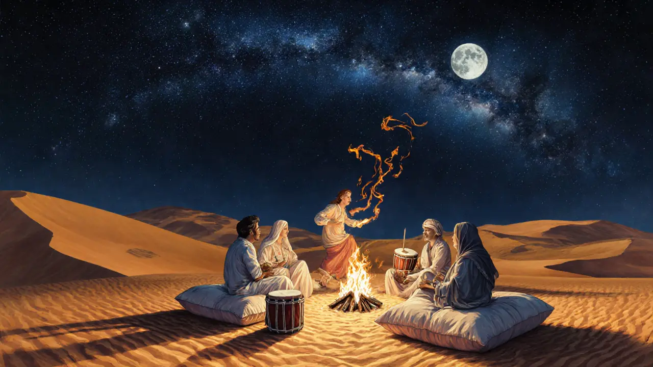 Desert camp at night with bonfire, fire dancer, and Milky Way overhead under moonlit dunes.