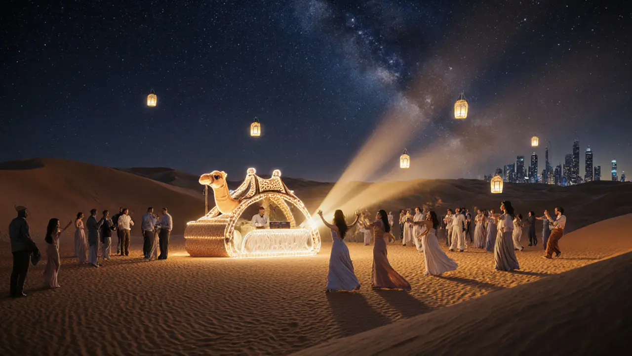 Desert party under stars with LED-lit dunes, camel-shaped DJ booth, and dancers surrounded by glowing lanterns.