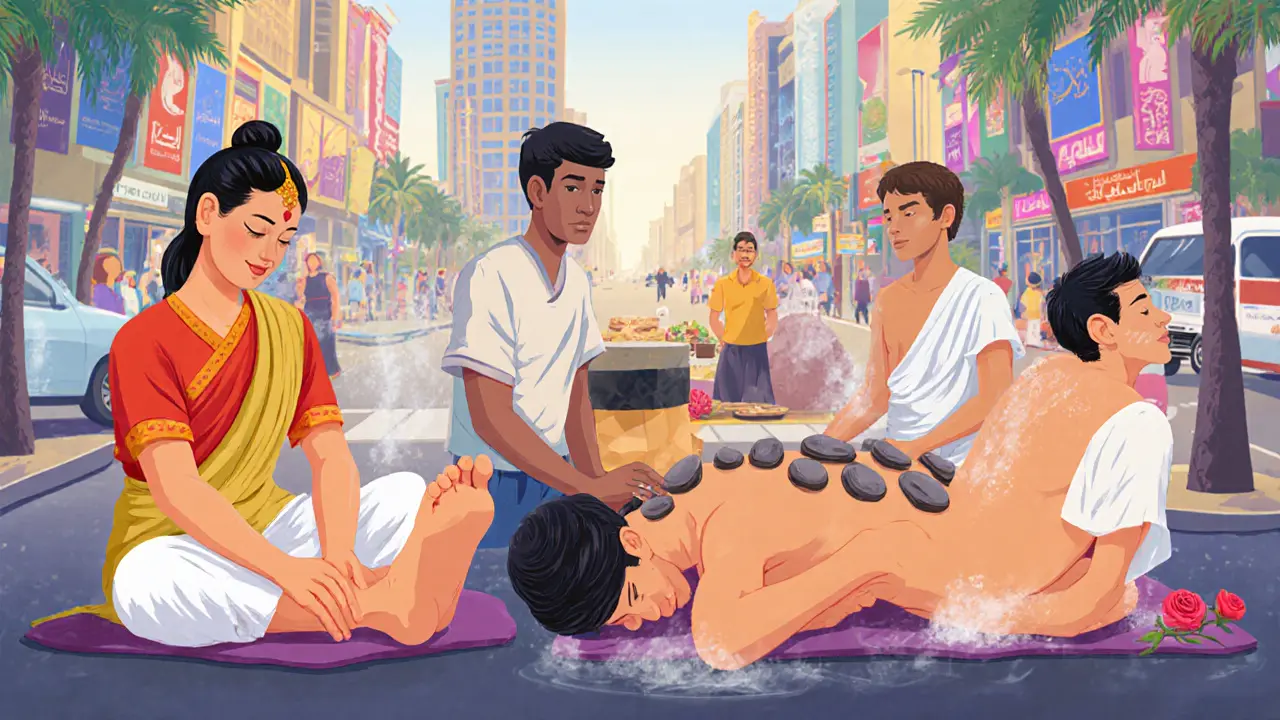 Diverse people in Dubai receiving different massage therapies—Thai, hot stone, and hammam—in a vibrant, culturally rich spa setting.