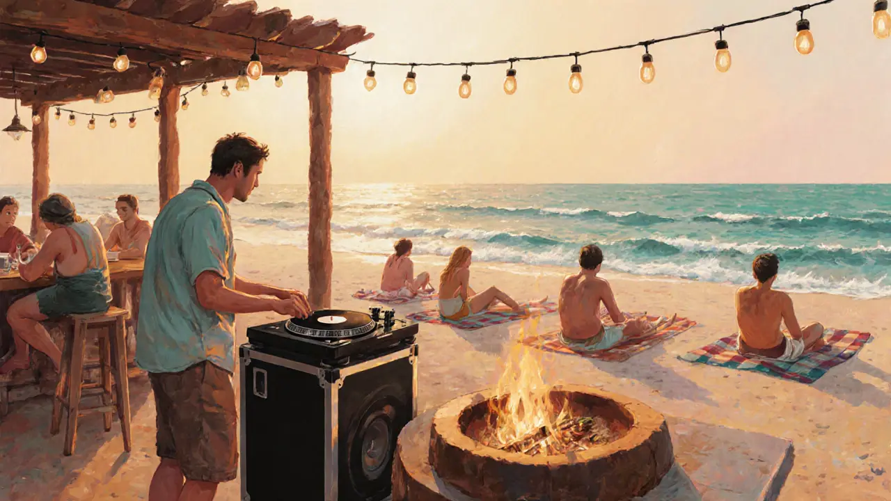 DJ playing vinyl at a beachside bar at sunrise, guests relaxing on towels under string lights.