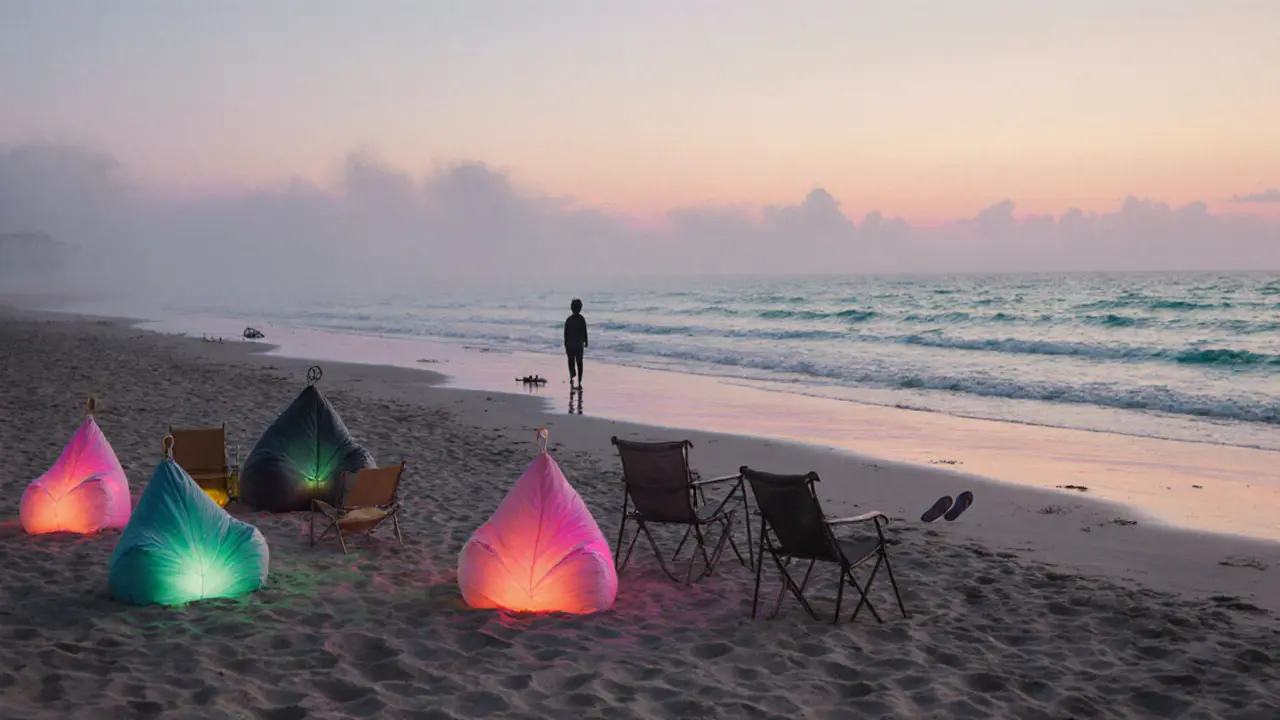 Empty beach at sunrise with fading neon lights and a lone walker by the water.