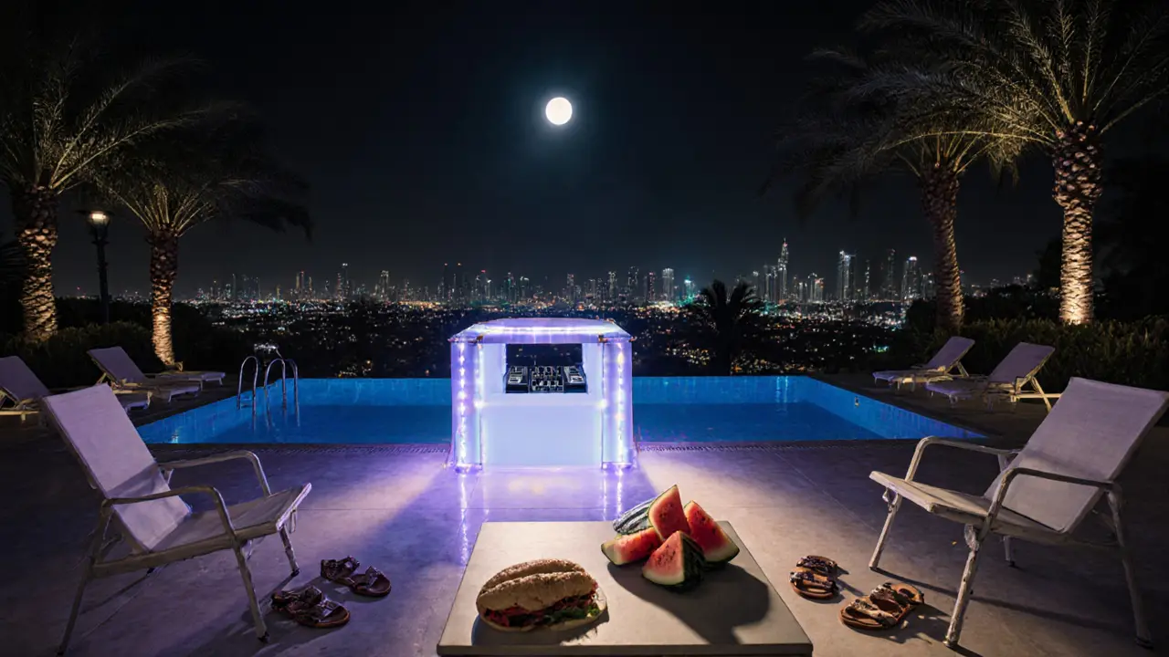 Empty villa party scene at dawn with a lit pool, backpack DJ booth, and food left on a table.