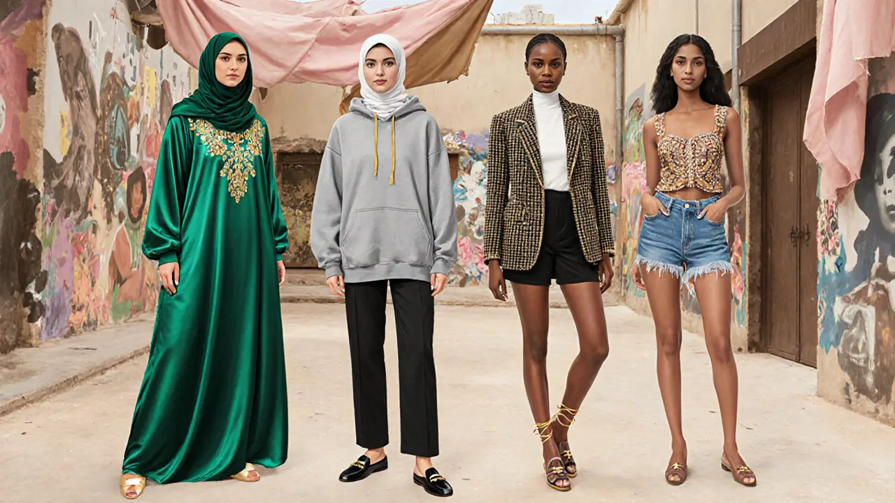 Four Dubai women in distinct fashion styles stand together in an art-filled courtyard, blending tradition and contemporary design.