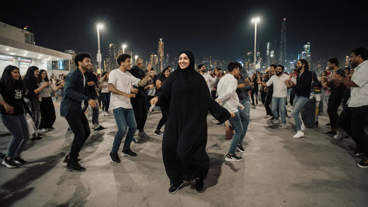 Group dancing outside a metro station in Dubai at night, diverse attendees moving together under streetlights.