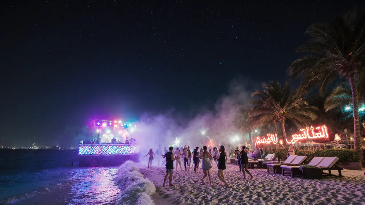 Guests dancing at a beach club under starlight with waves and neon signs reflecting on sand.
