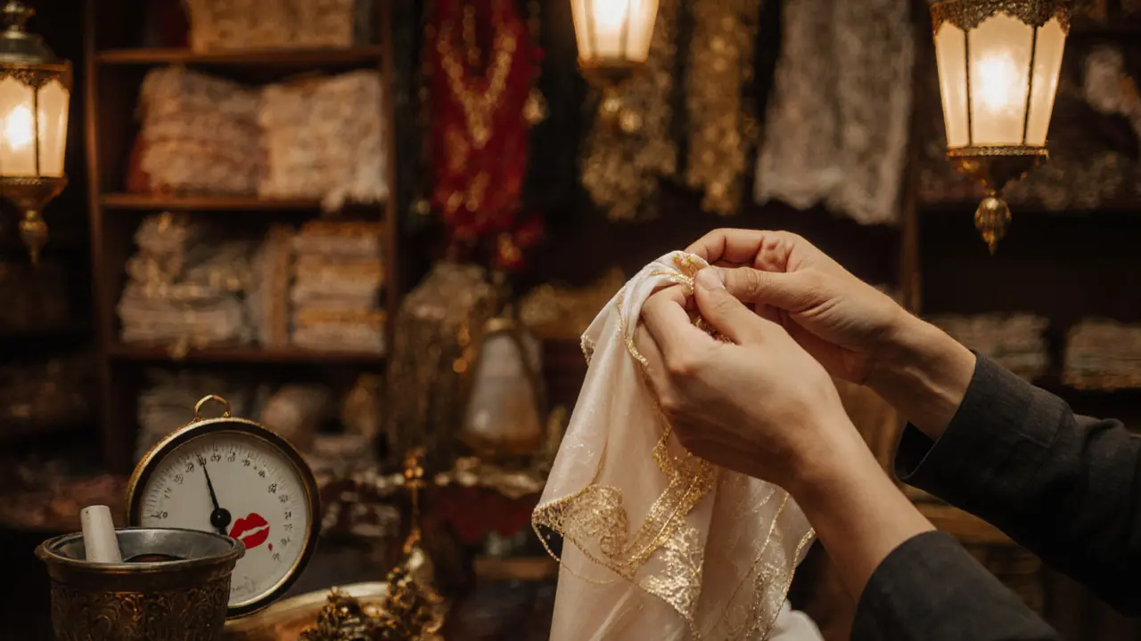Hands folding a silk hijab with golden thread at a bustling textile market, surrounded by fabric and jewelry.