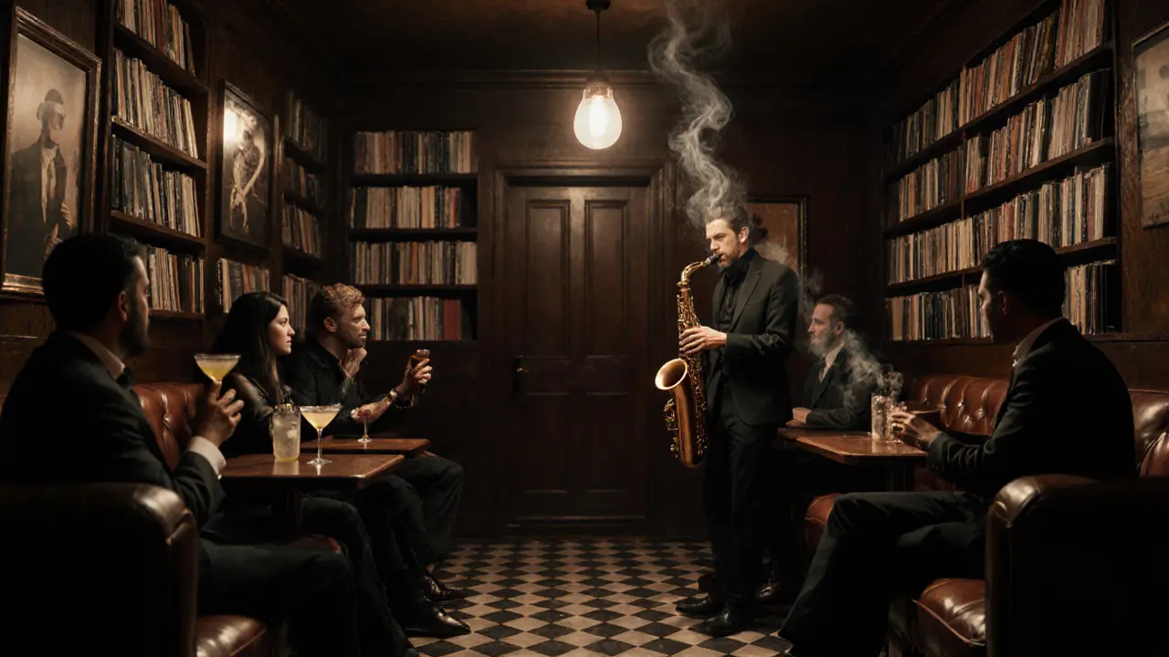 Hidden speakeasy bar with jazz musician playing, dim lighting, patrons enjoying craft cocktails in a basement setting.