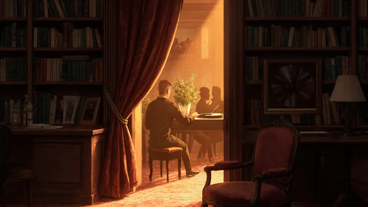 Hidden speakeasy behind a bookshelf with warm lighting, vintage furniture, and a bartender crafting cocktails.